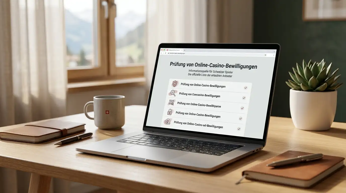 Ruhige Illustration einer amtlichen Prüfliste neben einem Laptop, ohne Casino-Branding