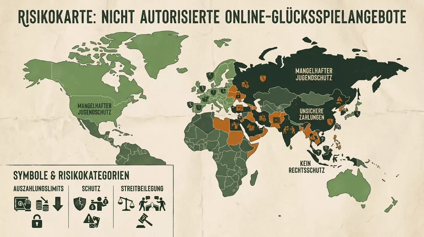 Abstrakte Risikokarte mit Feldern für Auszahlung, Schutz und Beschwerdewege